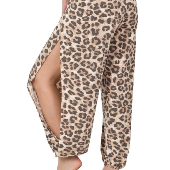 Zenana Women's Leopard Print Open Leg Split Jogger Lounge Wear Pants - Picture 9 of 11